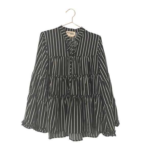 Savanna Jane Tops - Savanna Jane Black & White Striped Tiered Tie-Neck Tunic